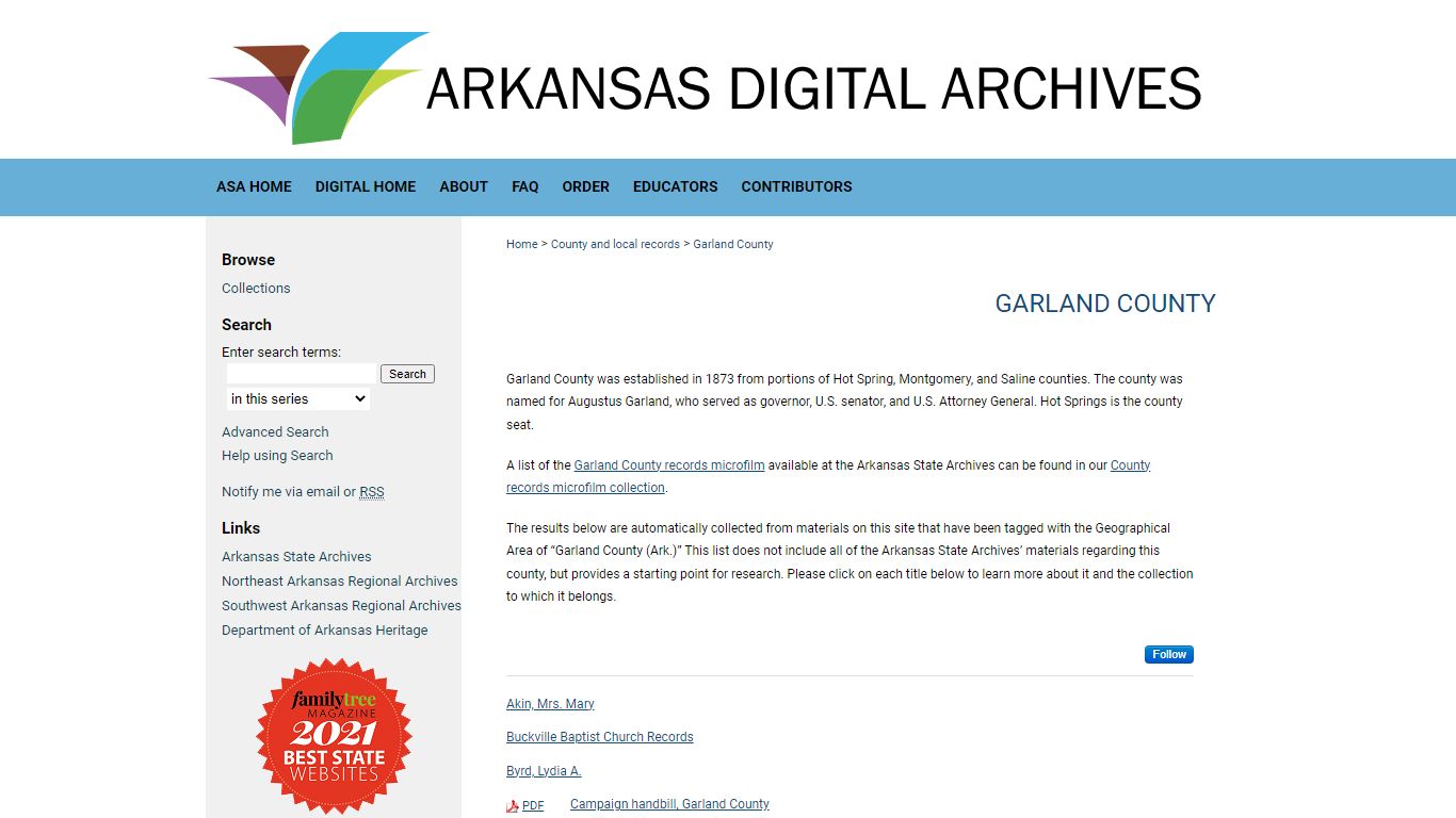 Garland County | County and local records | Arkansas State Archives